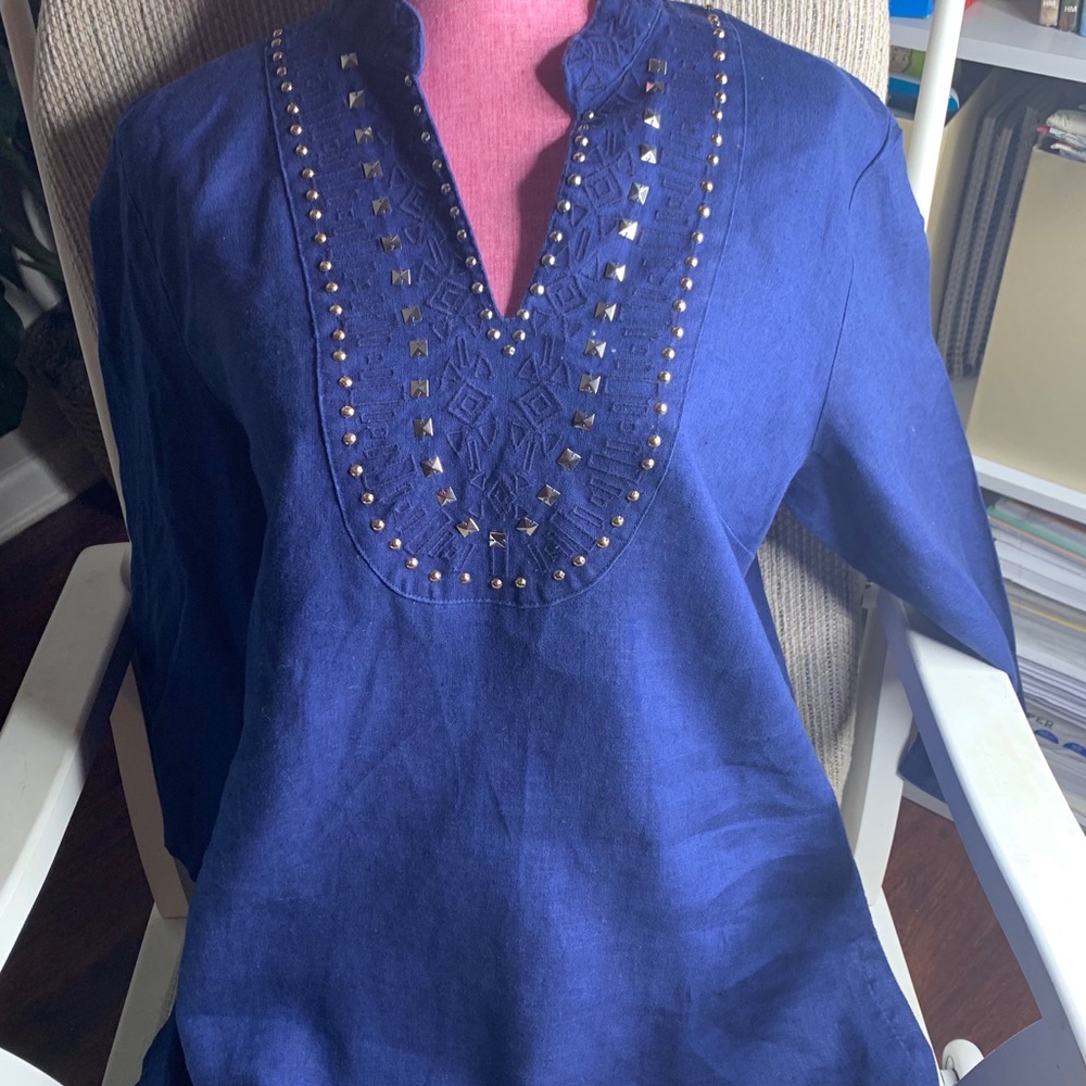 💙BLUE LINEN BEAUTY! JM COLLECTION TUNIC BLOUSE 16